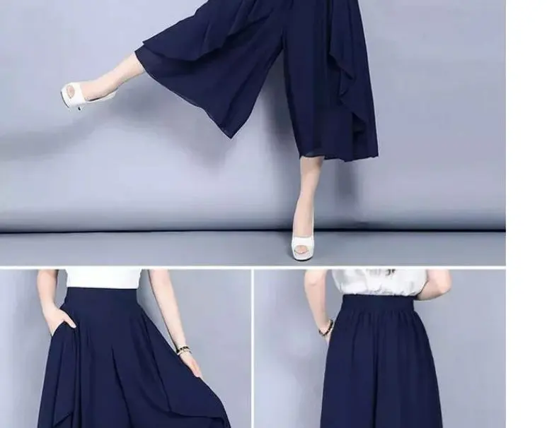 Elastic High Waist Slim Elegant Chiffon Capris Female Pants Skirts Women Summer Wide Leg Medium Long Leisure Loose Trousers