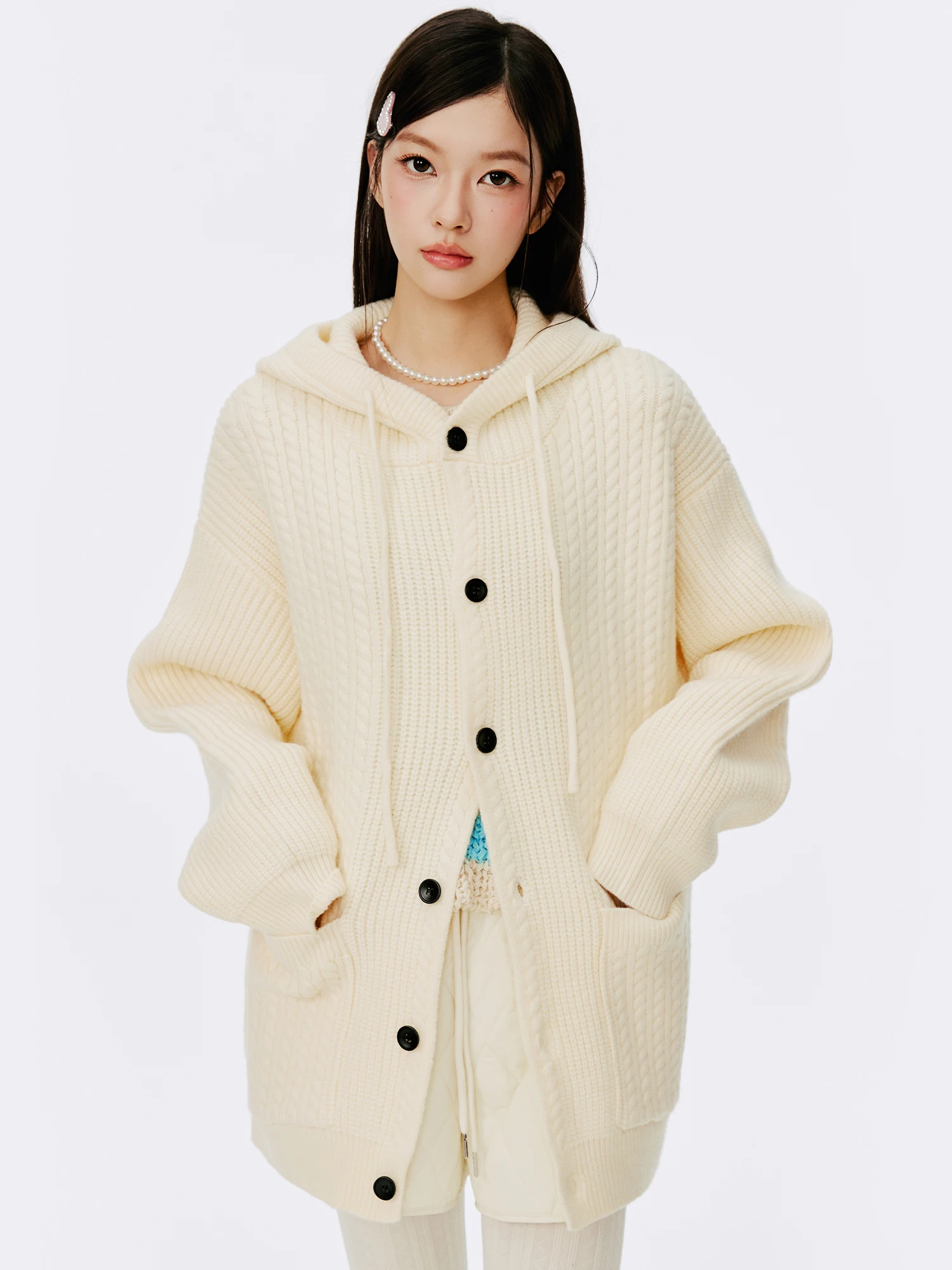 

Burgenland Korean Lazy Sle Hooded Knitwear Coat Women's Autumn Winter Long Sve Loose Knitted Cardigan Trendy round Ne ...