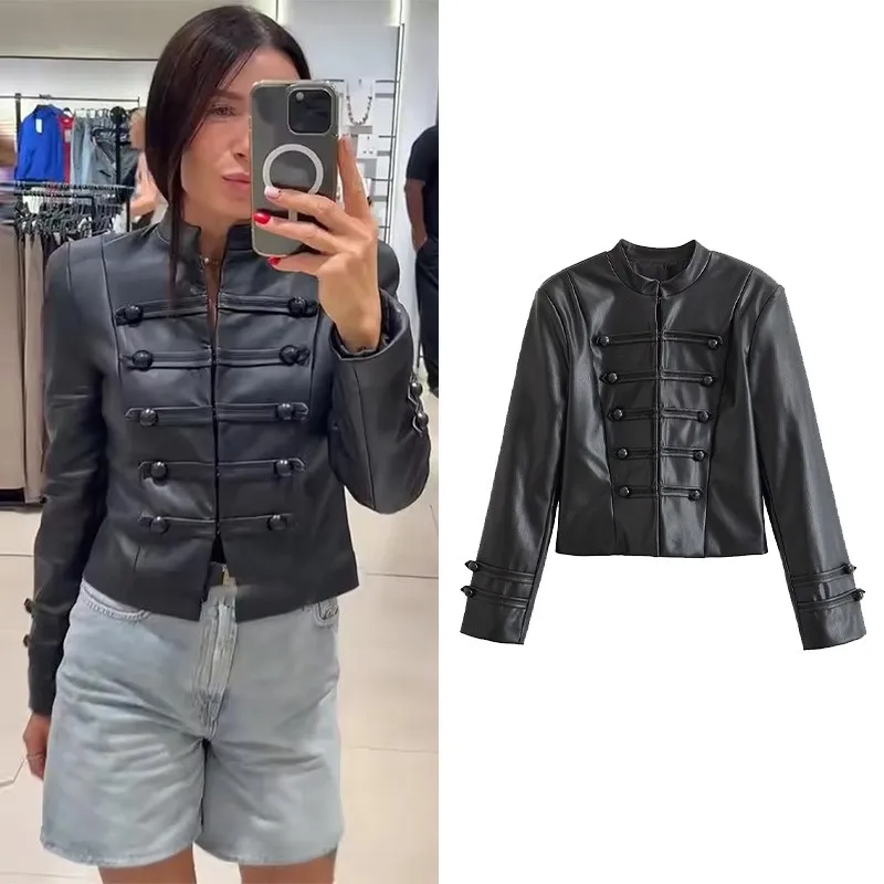 Women's Autumn Jacket New 2026 High-Neck Frog Fastening Long Skeeve Chic Female Leather Outerwear Woman Jackets