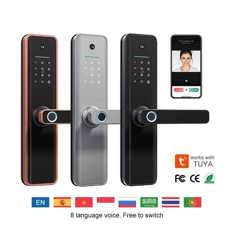 005Multilingual Smart Lock Alexa TTlock Fingerprint Door Lock Wifi Tuya Smart Lock With Camera