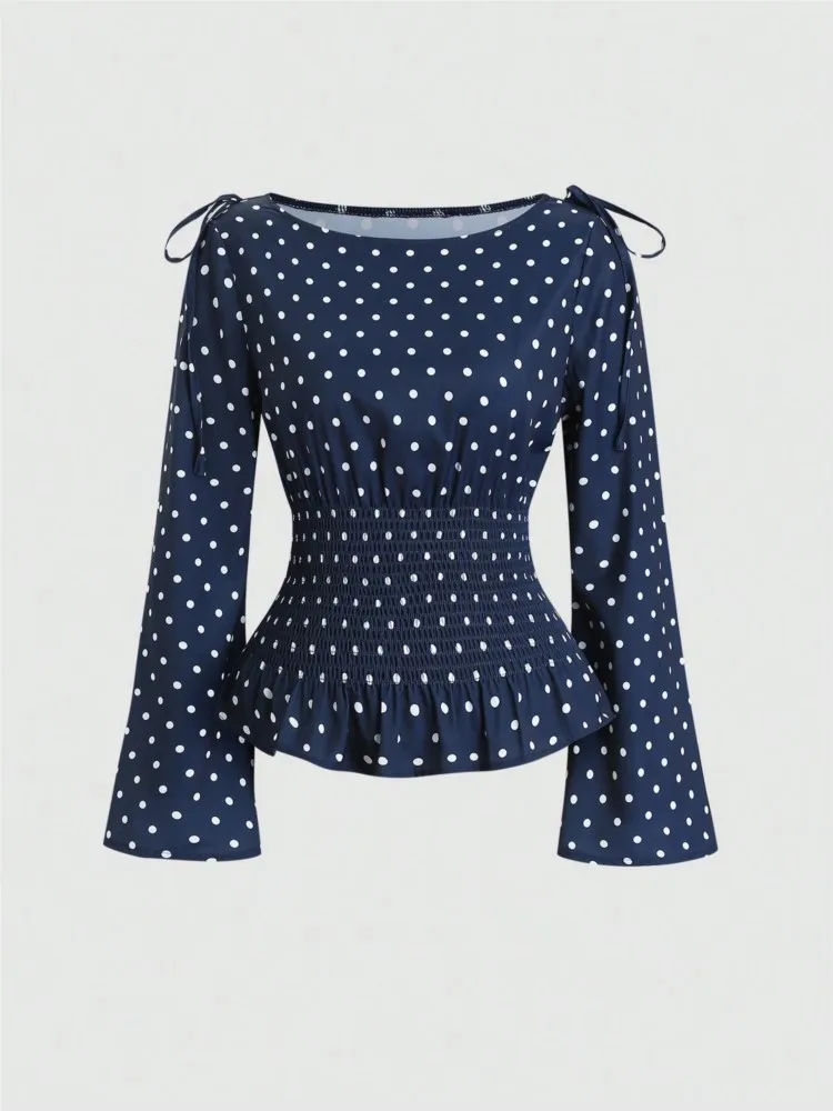 Women Polka Dot Lace Up Blouse Spring Autumn Fashion New Smocked Waist Flare Long Sleeve Ruffle Vintage Casual Slim Fit Top