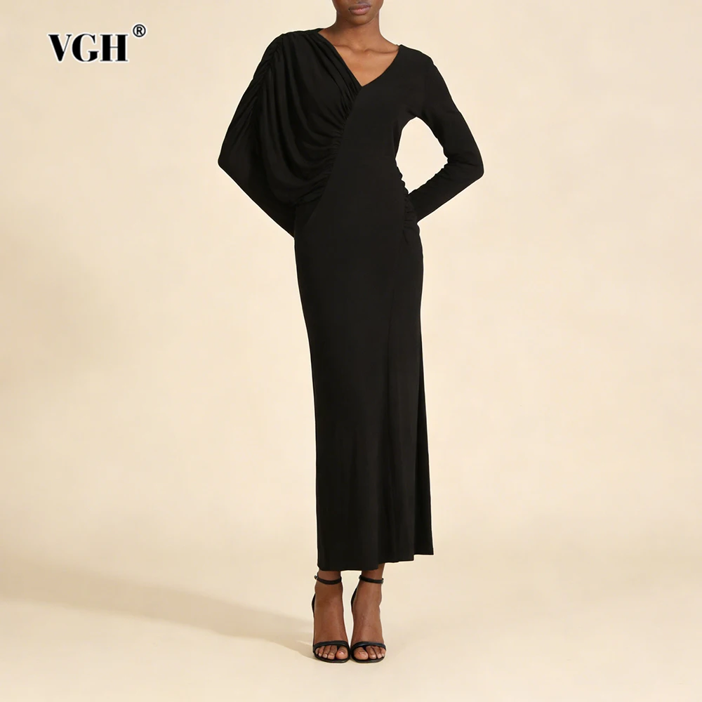 

VGH Элегантные складки нестандартной формы во французском стиле для женщин с v-образным вырезом и длинным рукавом с высокой талией, весеннее утягивающее шикарное платье, женское новое
