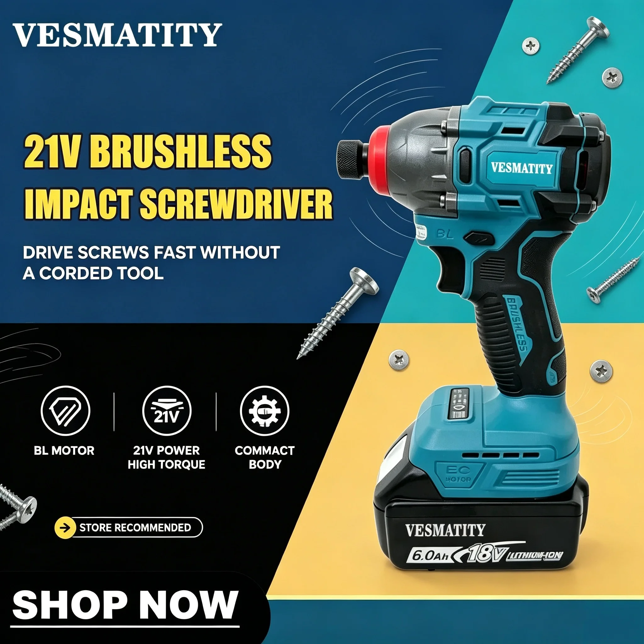 18-21V Cordless Impact Driver Brushless Motor Electric Screwdriver Power Tool For Woodworking Home DIY For 6.0Ah Battery