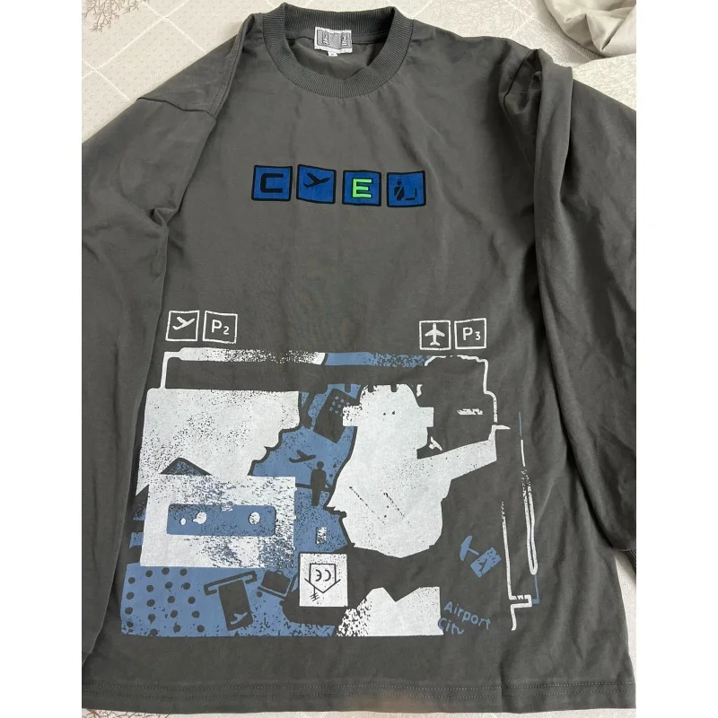 

Свободная футболка Cavempt с длинными рукавами и восковым принтом Harajuku, повседневная свободная мужская и женская рубашка с круглым вырезом