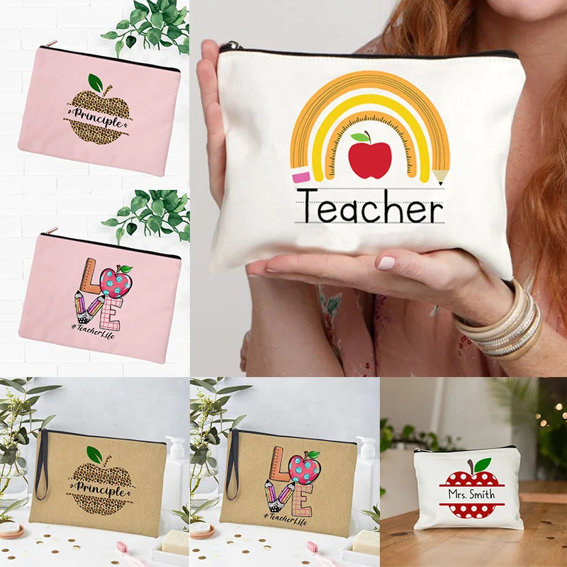 Teach Love Inspire Educaor Pattern Makeup Bag Gift for Teacher Cosmetic Bag and Condition Pencil Case Women Toiletry Bag Wallet