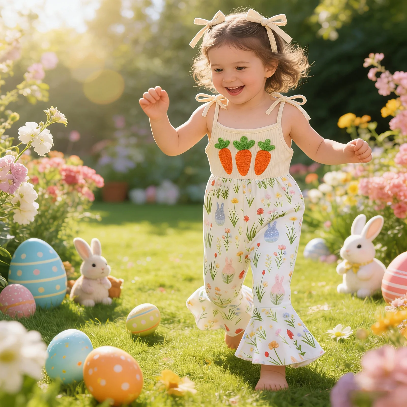 1-4Y Little Girls Easter Cami Jumpsuit Sleeveless Carrot Bunny Embroidery Flare Pants Playsuits Kids Overalls