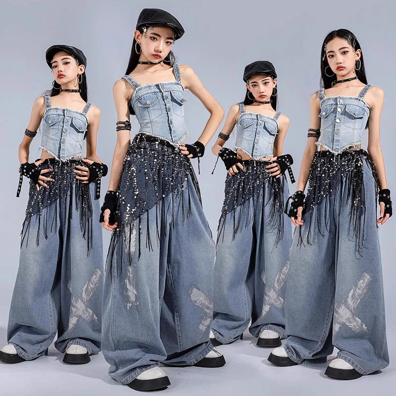 

Kid Kpop Hip Hop Clothing Slim Denim Blue Raw Hem Strap Crop Tank Top Wide Leg Jeans Pants for Girl Street Dance Costume Clothes
