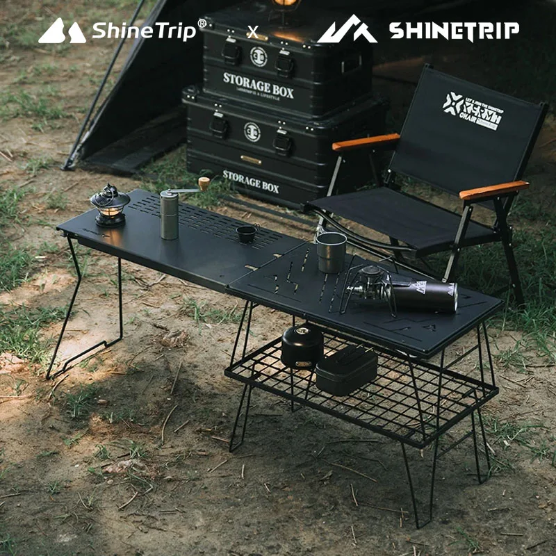 ShineTrip Camping Blackened Chess Cloth Iron Mesh Table Iron Fence Combination BBQ Table Portable Folding