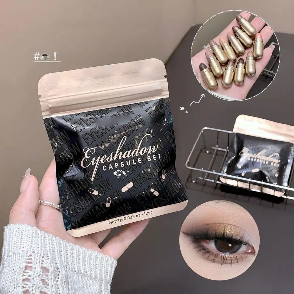 12-kleuren Capsule Oogschaduw Set 3-in-1 Matte Glitter Hoogglans Oogschaduw Perfect Make-up Look Draagbare Capsule Oogschaduw Set
