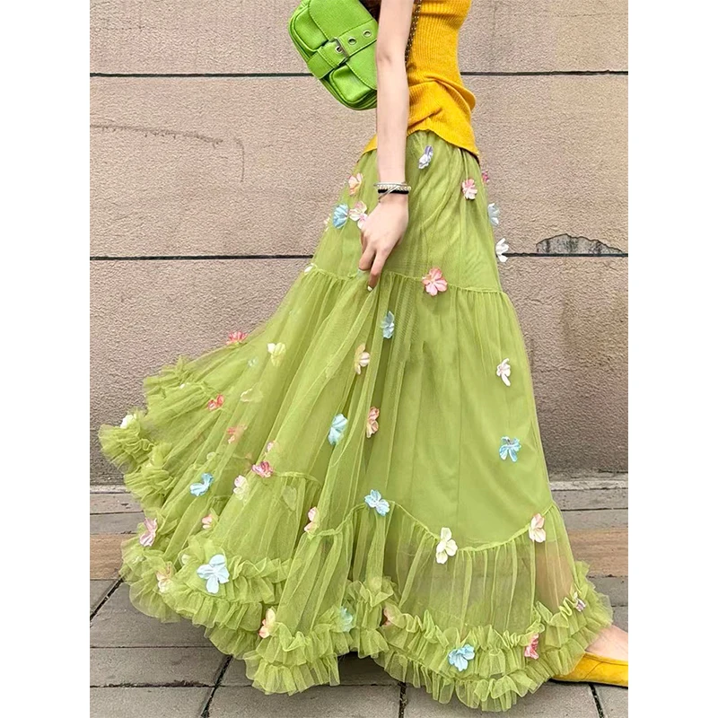 

MEXZT Streetwear Floral Tulle Midi Skirt Women Fashion Vacation Ruffles Mesh Skirts Summer Korean High Waist Loose A Line Faldas