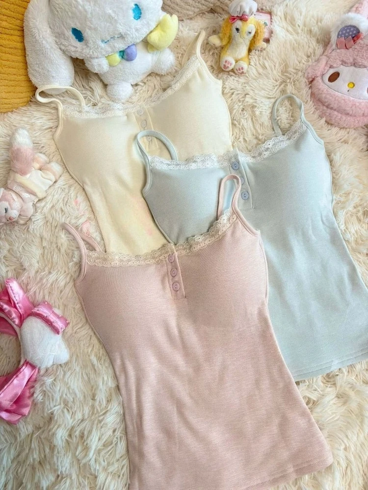Coquette Sweet Pure Desire Soft Women Cami Top Lace Trim Button Front Built-in Bra Slim Fit Spaghetti Straps Casual Daily Outfit