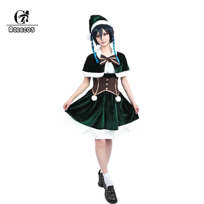 

ROLECOS Genshin impact put on Christmas Costume Sexy Cute Green Women Autumn Winter Plush Evening Dress