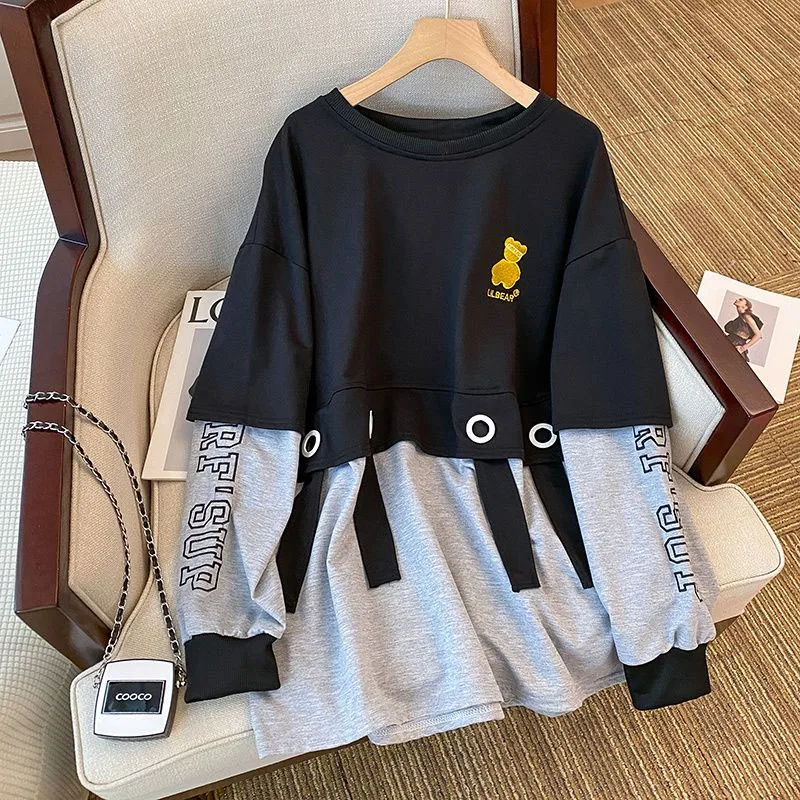 New Spring Fashion Design Sense Small and Fake Two Piece Spliced Round Neck Loose Large Size Versatile Slim Long Sleeve Sweater