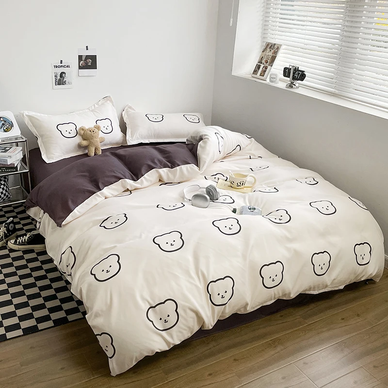 1PC Quilt Cover: Off-White (Dark Brown Lining), Black-Line Bear Head, Minimalist Cute Vibe, Skin-Friendly, Fits Single/Double