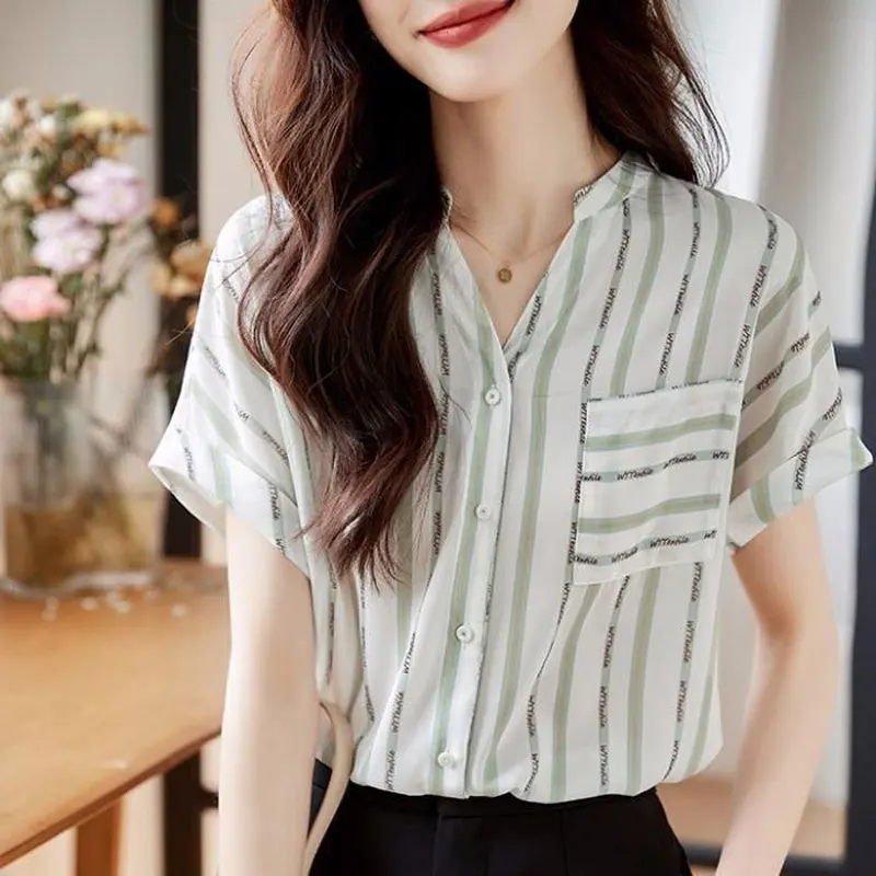 Office Lady Striped Pockets Patchwork Shirt Summer Short Sleeve Elegant V-Neck Single-breasted Female Clothing Chiffon Blouse