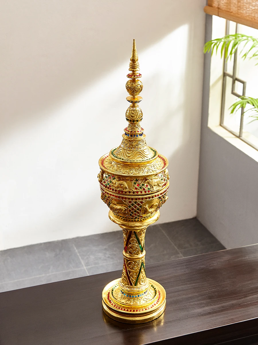 Taiyu Southeast Asian Style Decoration Treasure Box Thai Style Light Luxury Gold Foil Wooden Storage Decoration Entrance