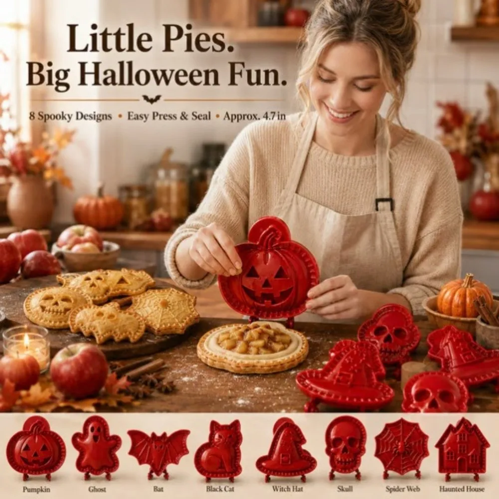 8 Shapes Halloween Mini Pie Molds Set Non-Stick Coating Easy Release Design Baking Supplies Set Fall Themed Pastry Cutters Kit