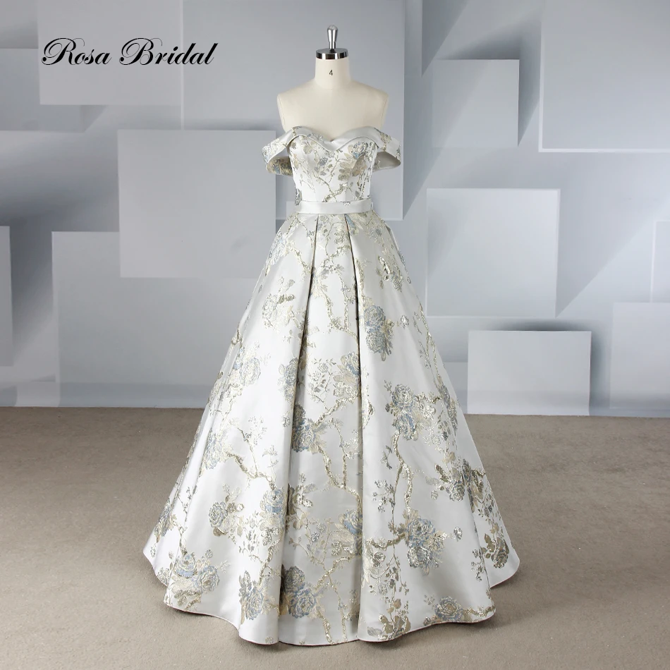 

Off Shoulder Printed Satin Wedding Dress