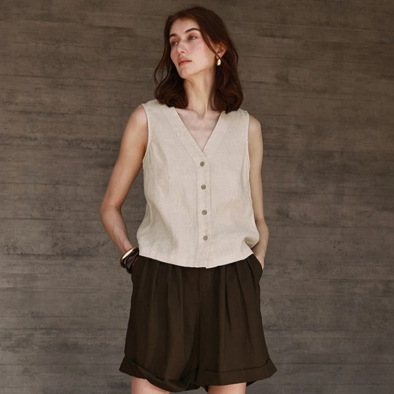 100% Linen Women's Summer Vest Top New Arrival Chic Ladies Button-Down V-Neck Sleeveless Tops Casual Loose Tank Top ropa mujer