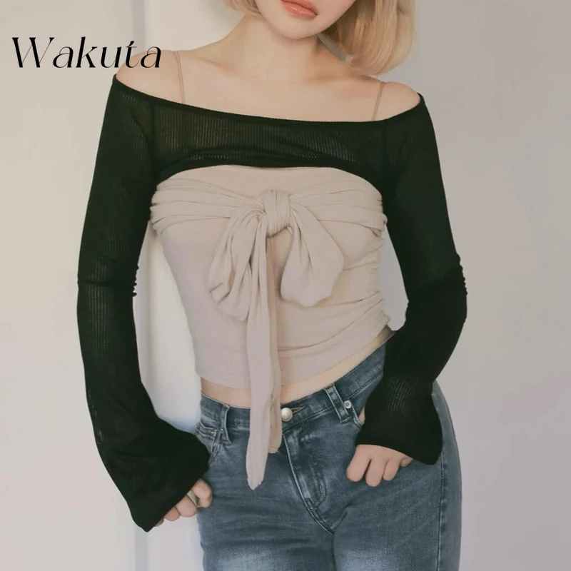 WAKUTA 2025 Spring/summer New Japanese Niche Bow Tie Strap Camisole Vest Long Sleeved Two-piece Set Harajuku Retro Top ブラウス シフォン