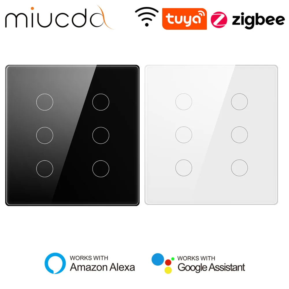 MIUCDA Tuya Zigbee/ WiFi 4x4 Wall Switch Brazil Standard 4/6 Gang Switch Glass Panel Touch Smart Switch For Alexa Google Home