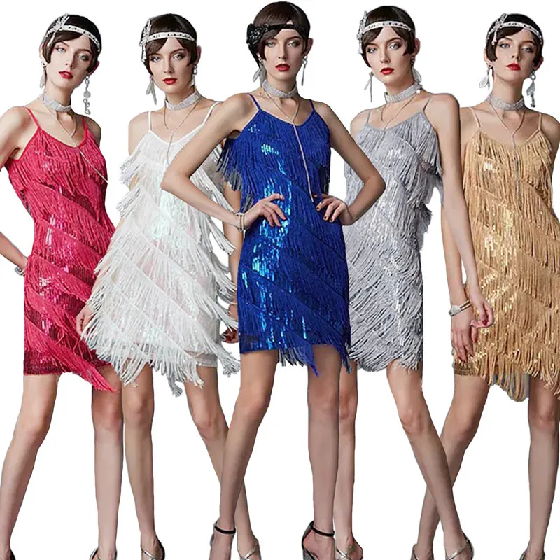 1920er Jahre Vintage große Gatsby Party Pailletten Kleid sexy V-Ausschnitt Sommer Cami Kleid Gold Fransen Kleid Vestidos Flapper Cosplay Kostüme