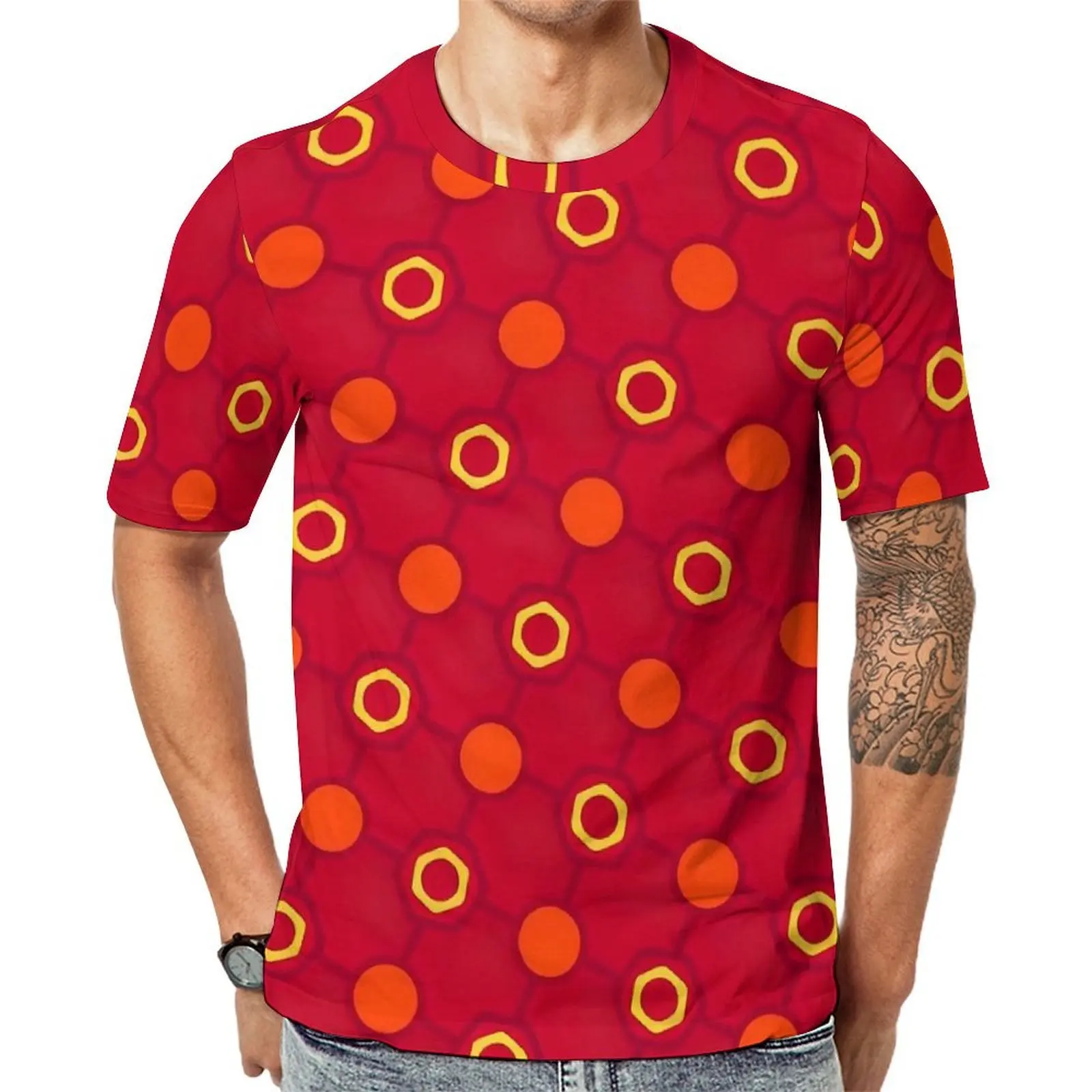 Big Size T Shirt Original Red Circle Hexagon Pattern T Shirts  Casual O-Neck Tshirt Male Hip Hop Design Clothing