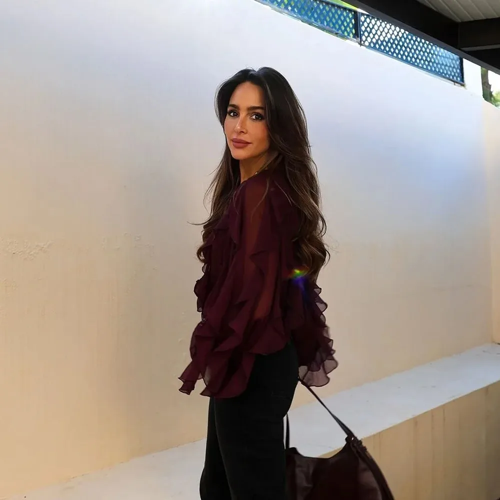 KONDALA 2023 Lente Zomer Sexy Dunne Effen Vrouwen Shirts Fashion Casual Tiered Sheer Raglanmouwen Single Breasted Dames Shirts