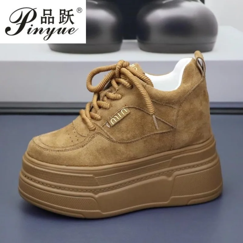 

10cm Women Casual Shoes Platform Sneakers Heel Chunky Heel Genuine Leather Comfortable Non Slip Walking vulcanized shoes 33-40