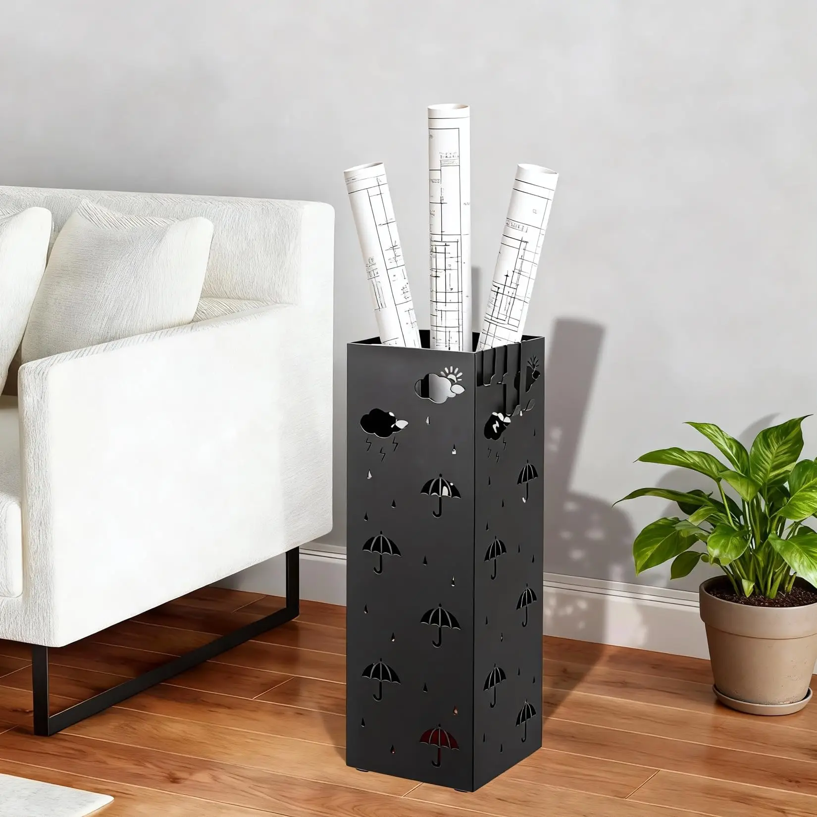 

Versatile Square Heavy Duty Metal Umbrella Stand Cold-Rolled Steel Organizer With Removable Drip Tray And 4 Hooks For Entryway Home Or Office