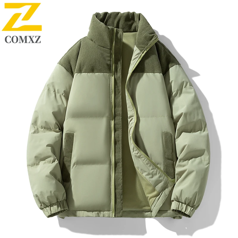 Jaket Katun Pasangan Tren Mantel Katun Kerah Berdiri Hangat Tebal Tahan Dingin Pakaian Musim Dingin Kasual Luar Ruangan Mantel Ritsleting Bawah