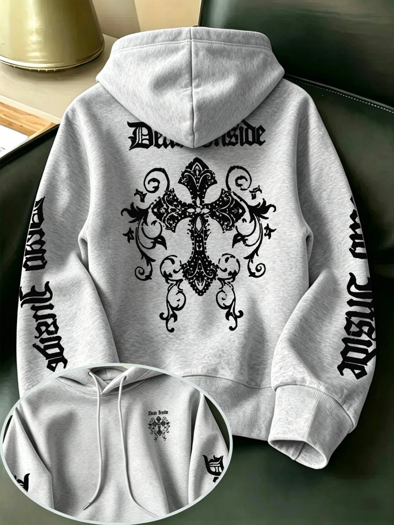 Unisex Gothic-style drawstring hoodie featuring a vintage ornate cross print—suitable for autumn and winter.