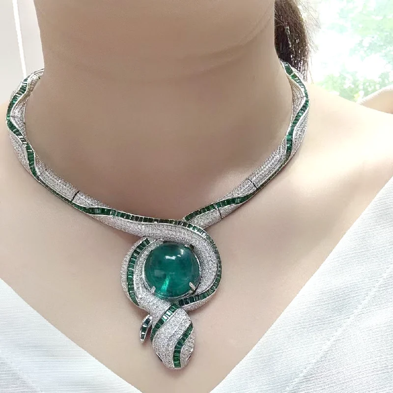 

Designer Collection Style Necklace Women Lady Inlay Green Cubic Zircon Synthetic Emerald Snake Snakelike Choker