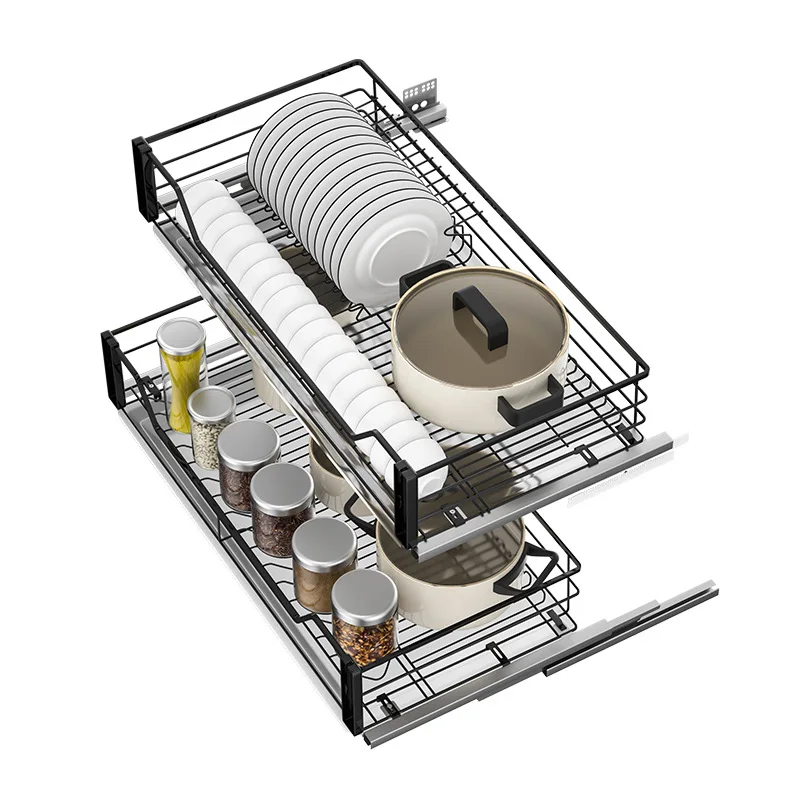 Wholesale cabinet basket kitchen drawer-type bowl basket double-decker stainless steel cupboard storage rack