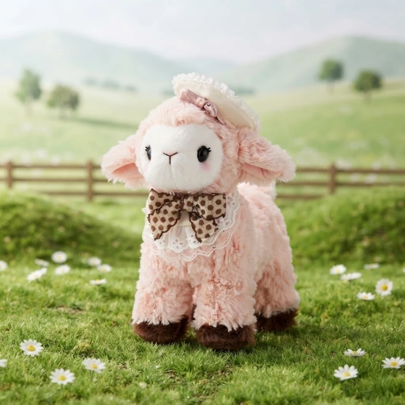 Adorable Standing Sheep Plush Toy - Soft Curly Fur Pink & White Pompom Stuffed Lamb Animal Comfort Gift Kawaii Home Decor