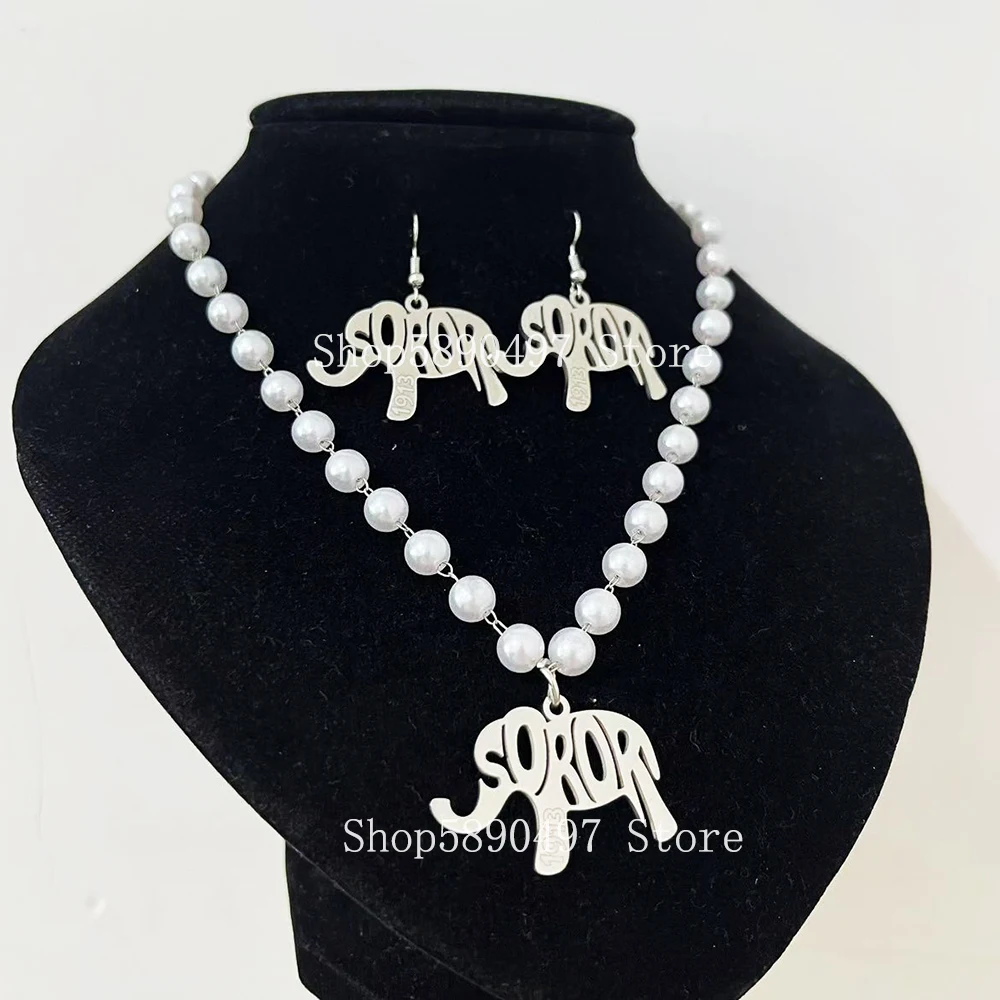 Sisters Party Delta Greek Letter Badge Stainless Steel Pendant Pearl Necklace Earring Set