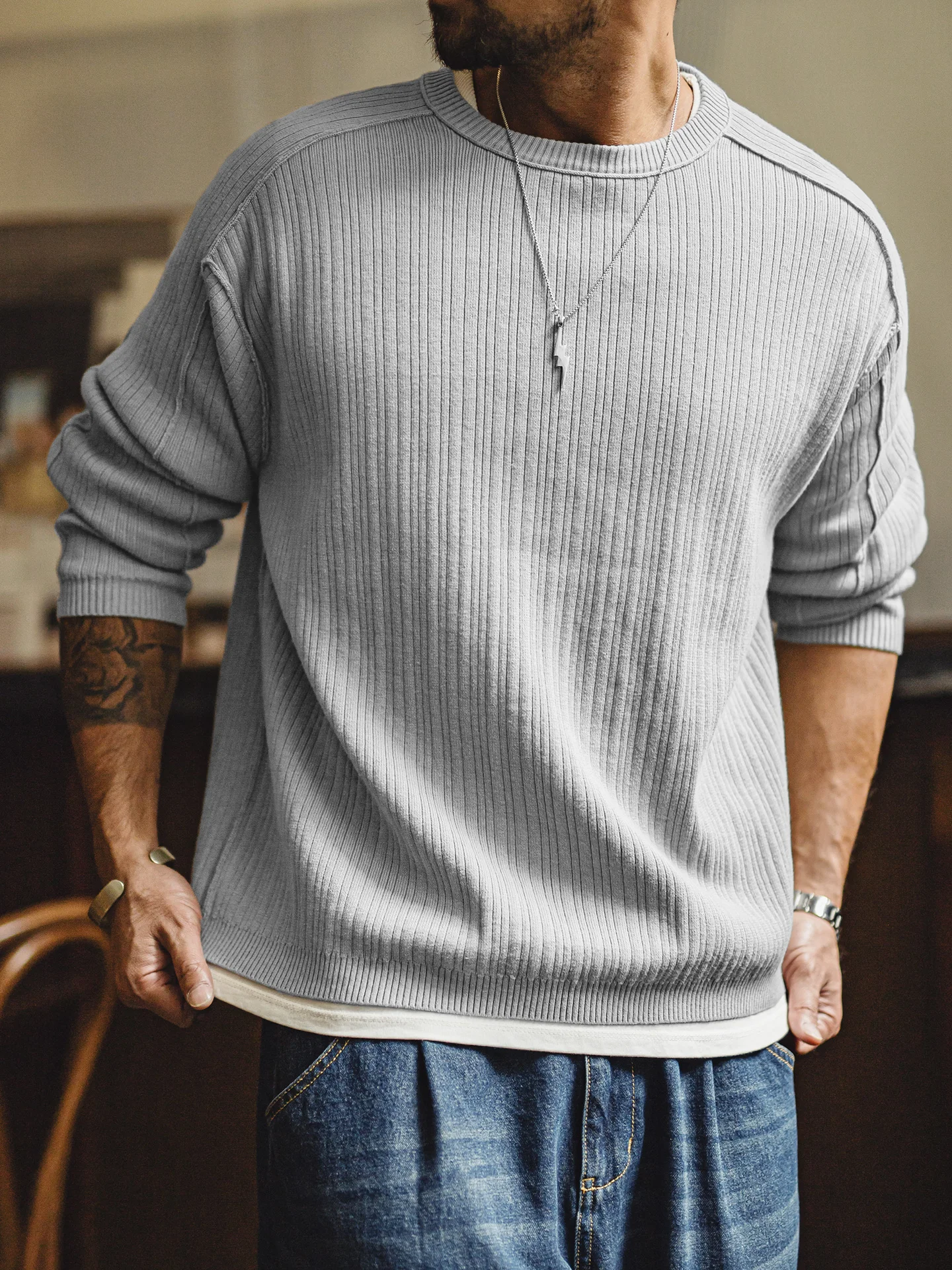 

Maden ey Knitted Long Sve Cotton Sweatirt Casual Sle Striped Design Spring Autumn Men's T-irt Stand Fit round Ne