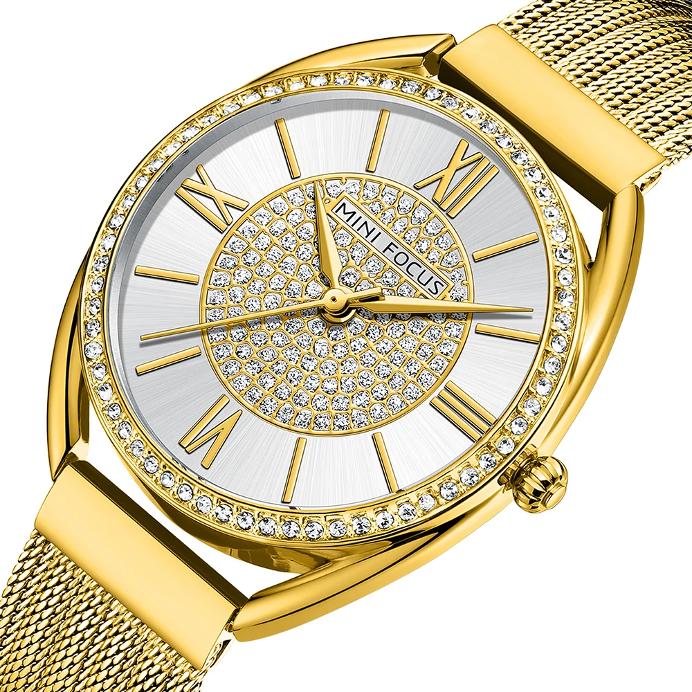 MINIFOCUS Women's Luxury Diamond-Set Watch, Japanese Quartz Movement Stainless Steel Mesh Bracelet Elegant Fashion Wristwatch