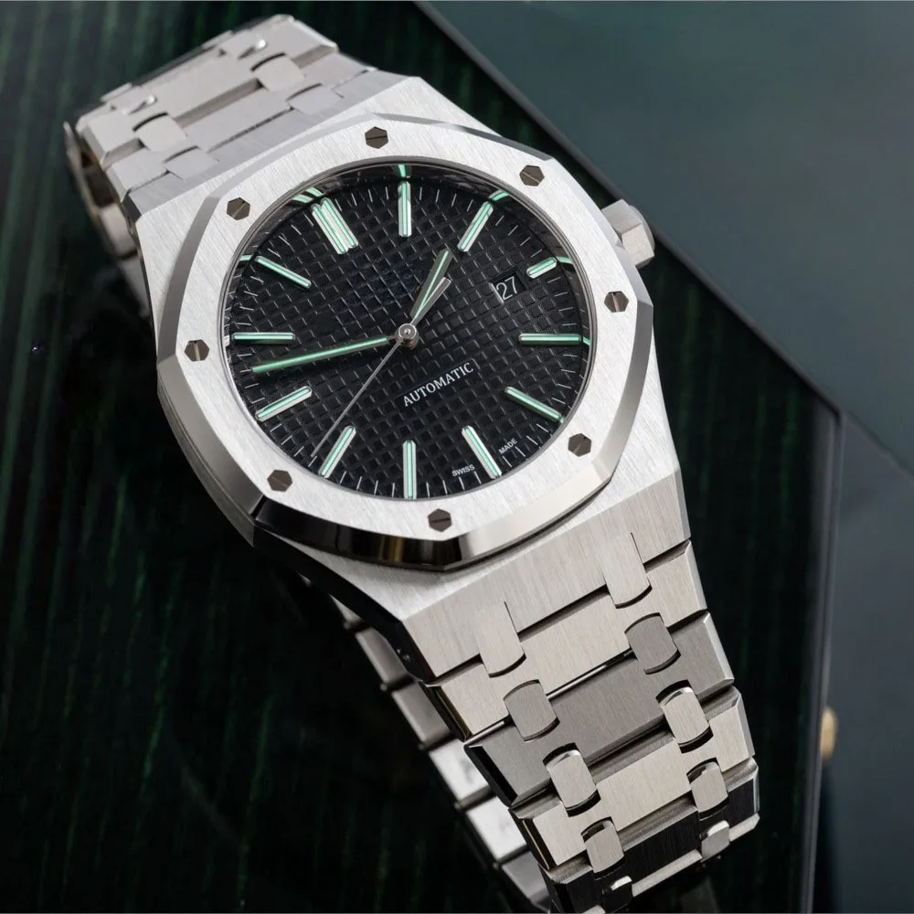 41 مللي متر الرجال اليابان حركة الفولاذ المقاوم للصدأ ساعة مصمم شعار العلامة التجارية الفاخرة مقاوم للماء التلقائي 15400 ساعات المعصم الميكانيكية