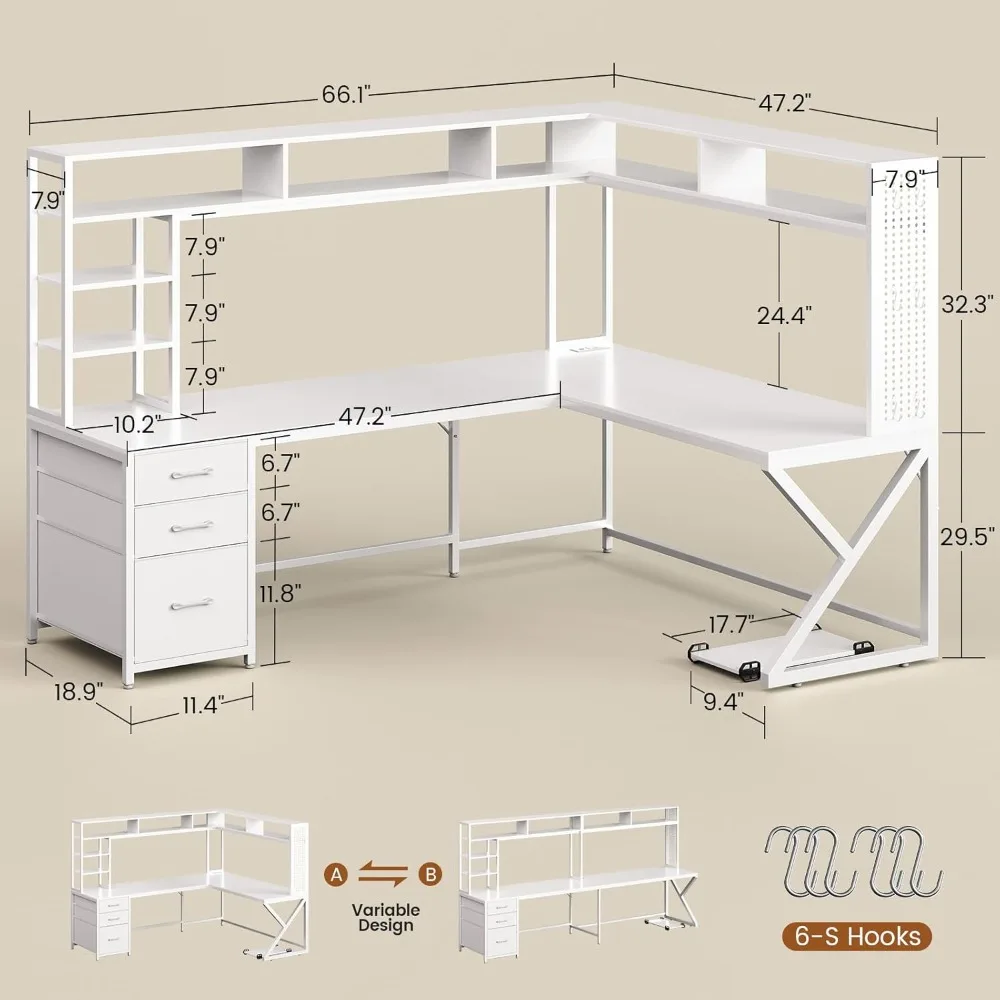 مكتب ألعاب على شكل حرف L مع مساحة تخزين وأدراج وخزانة ولوحة بيجبورد - مكتب كمبيوتر زاوية قابلة للتحويل 94.5 #2