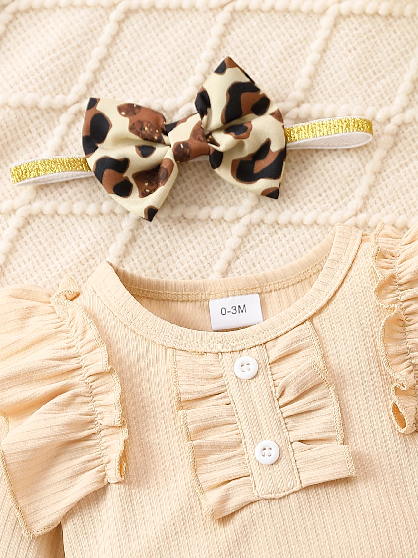 3-teiliges Frühlings-Herbst-Set für Babys mit geripptem Rüschen-Strampler, Leopardenhose + Stirnband, süßer, cooler Stil, für den Alltag/Fotoshooting, 0-3 Monate – Detail 6