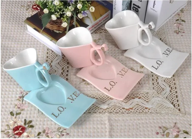 Wedding Couple Heart-shaped Ceramic Coffee Cup with  Spoon Milk Mug Christmas Gift Valentine's Day