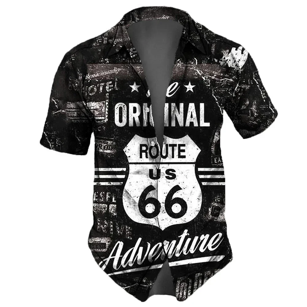 Washed Map Newspaper Style Men Shirts Route 66 Old Fashion Short Sleeve Shirt For Men Lapel Oversize Men Tops