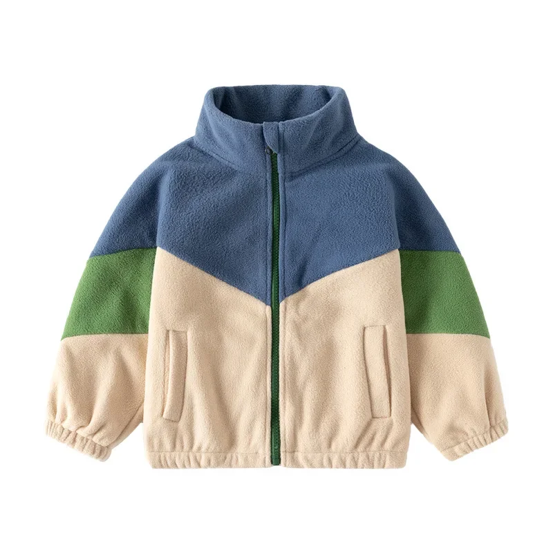 HoneyCherry Stand Collar Autumn and Winter Fashion Warm Kids Coat Soft Loose Polyester Material Boys' Color-block Fleece Jacket