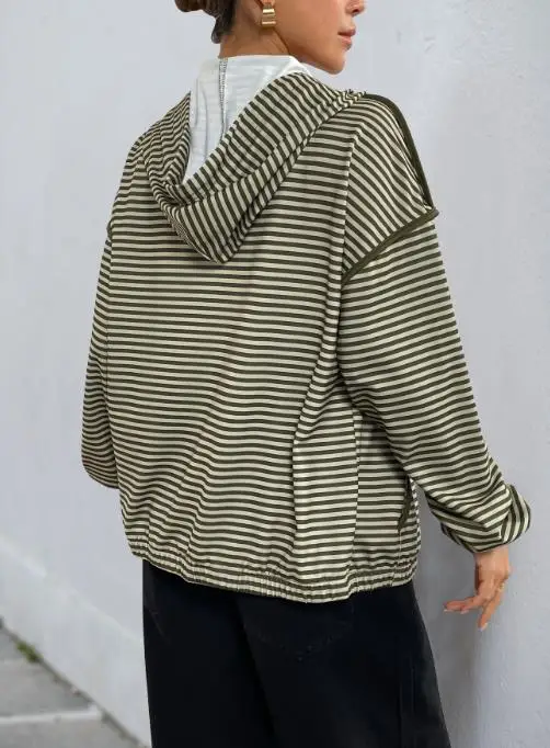 Women Coat Latest Hot Selling Fashionable 2025 New Autumn Zipper Cardigan Korean Lazy Style Hooded Striped Women's Casual Jacket