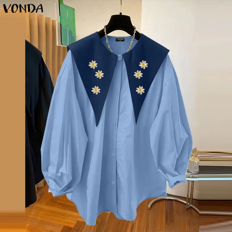 VONDA Fashion Floral Embroidery Shirts Women Long Sleeve Lapel Elegant Blouses Spring Casual Loose Tunic Tops Vintage Blusas