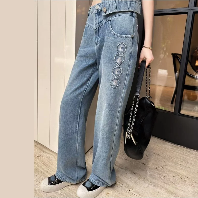 

Deep Blue Embroidered Beaded Slimming Pure Cotton Denim Straight Leg Long Pants Women's Casual Wide Leg l Waist Jeans
