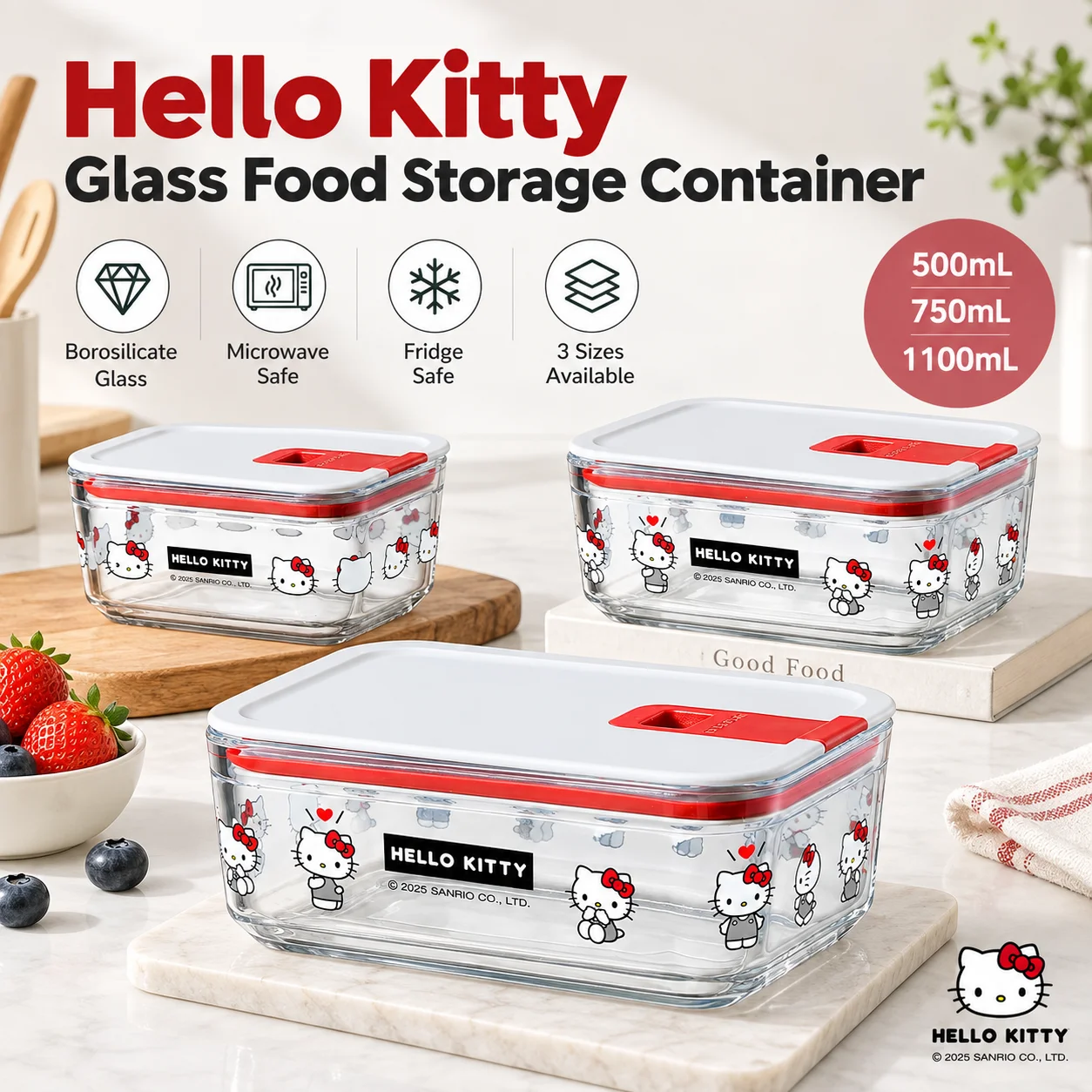 Sanrio Hello Kitty Glass Food Storage Container Bento Box  Glass Lunch Box Microwave Safe Leakproof Sealed Fresh Keeping Box