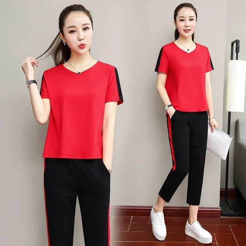 Female Leisure Sports Running Suit Women'S Summer 2023 New Fashion Trend Loose 100KG Mom Short Sleeve Capris Two Piece Set