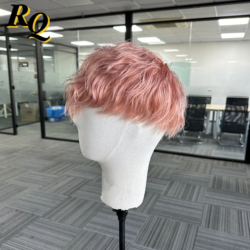 Pre Style Color Full Lace Base Toupee Pink Color Style Fashion Real Human Hair Male Wig Replacement Toupee Hair Prosthesis